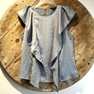 Express sleeveless top blouse in shiny sage color with vertical ruffles-M